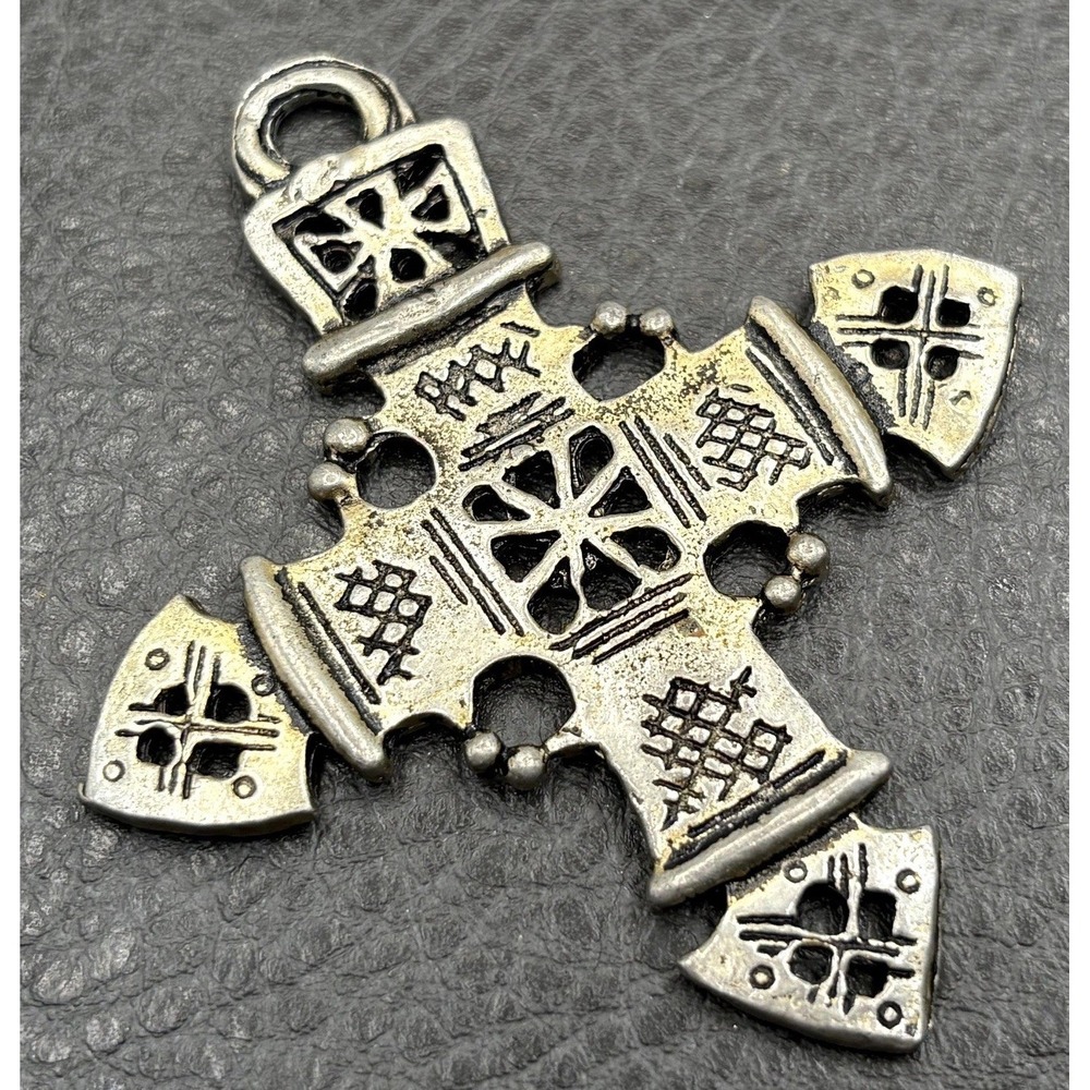 Vintage Large Ethiopian Coptic Cross Pendant Filigree Silver Tone Ethnic Boho